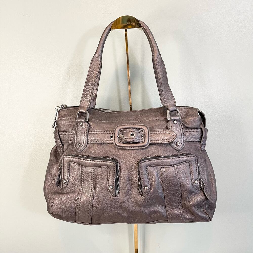 Cole Haan Women's Silver Leather Zip Double Handle Belt Buckle Shoulder Handbag